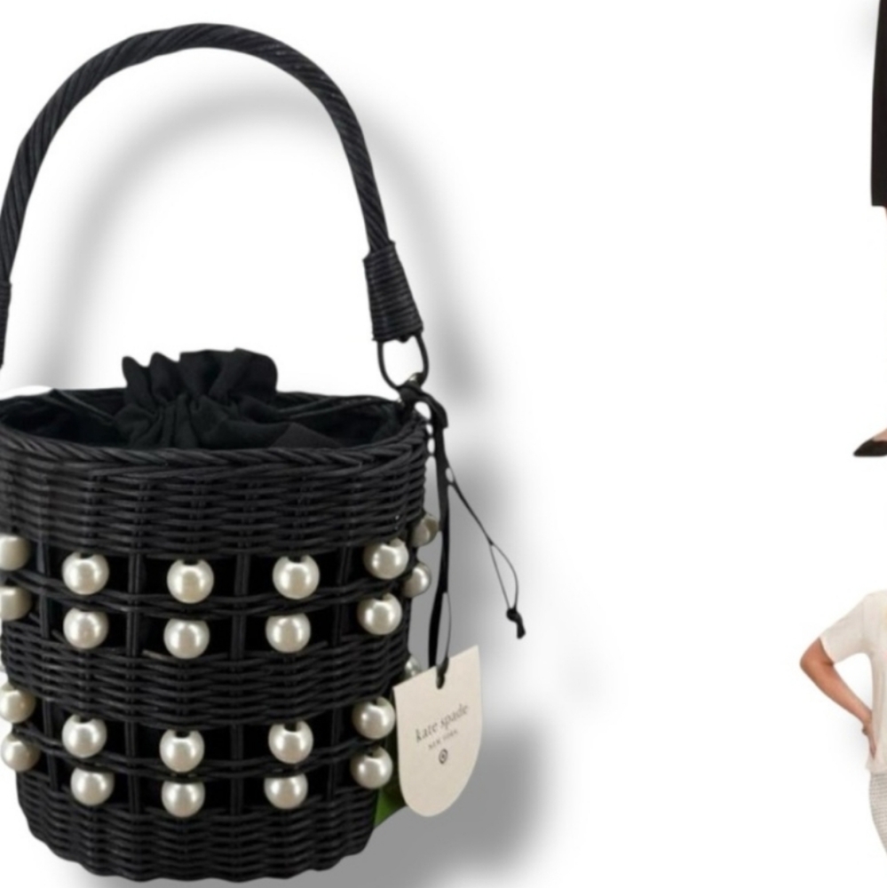 Kate Spade Black Wicker Shoulder Bag with Pearl Accents